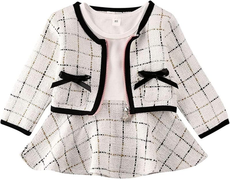 BOIZONTY Toddler Kids Baby Girls Plaid Skirt Set Cardigan Jacket Coat + Tutu Dress Set Long Sleeve Outfits Fall Outfit Set (Zip Up White, 2-3 Years) - Image 1